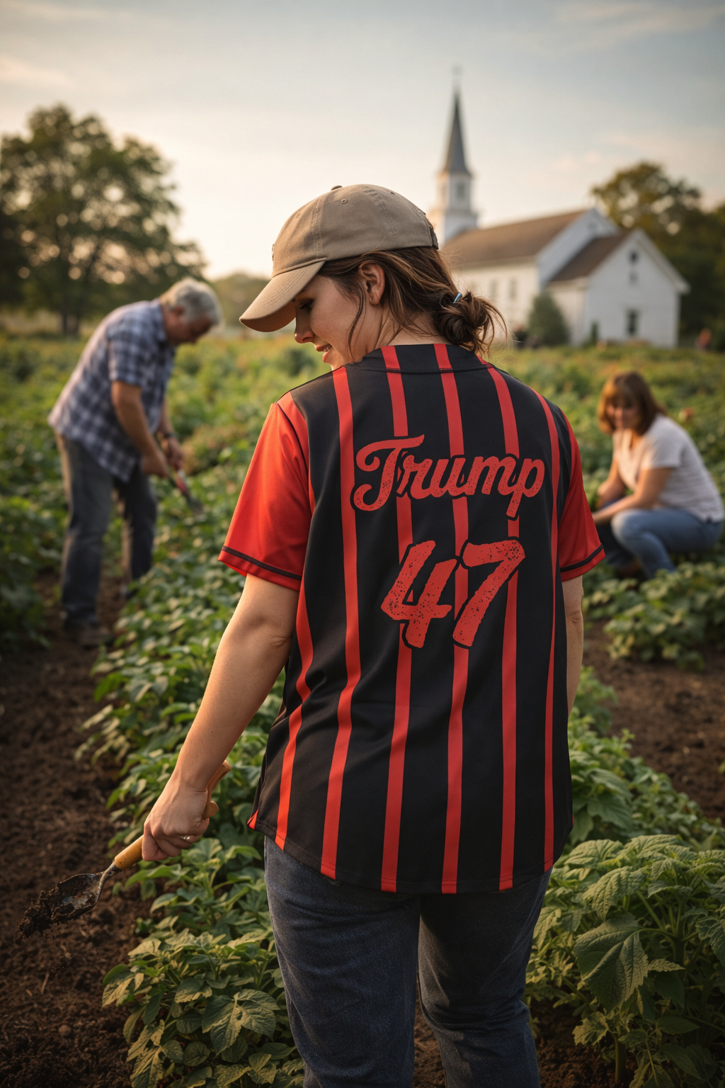 woman wearing trump 47 womens button up baseball jersey outdoors - patriotic pinstripe sports shirt