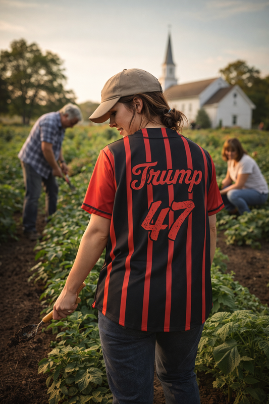 woman wearing trump 47 womens button up baseball jersey outdoors - patriotic pinstripe sports shirt