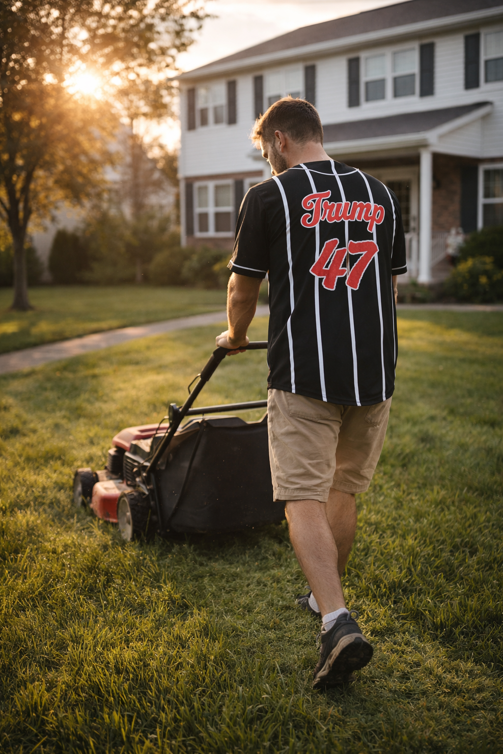 man wearing trump 47 mens baseball jersey walking outdoors - patriotic rally outfit
