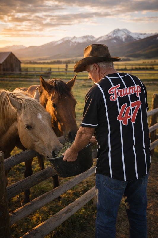 man wearing trump 47 mens button up baseball jersey outdoors - patriotic pinstripe sports shirt