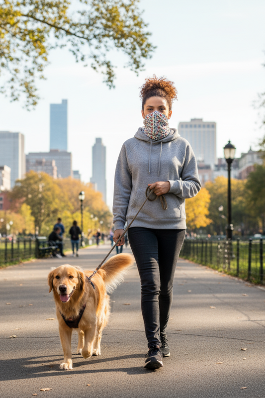 Geometric Shapes Tube Scarf worn as face covering by woman walking dog outdoors