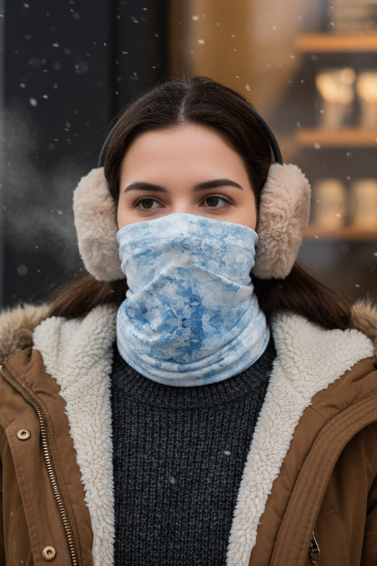 Light Blue Abstract Tube Scarf worn as face covering outdoors in winter by female model