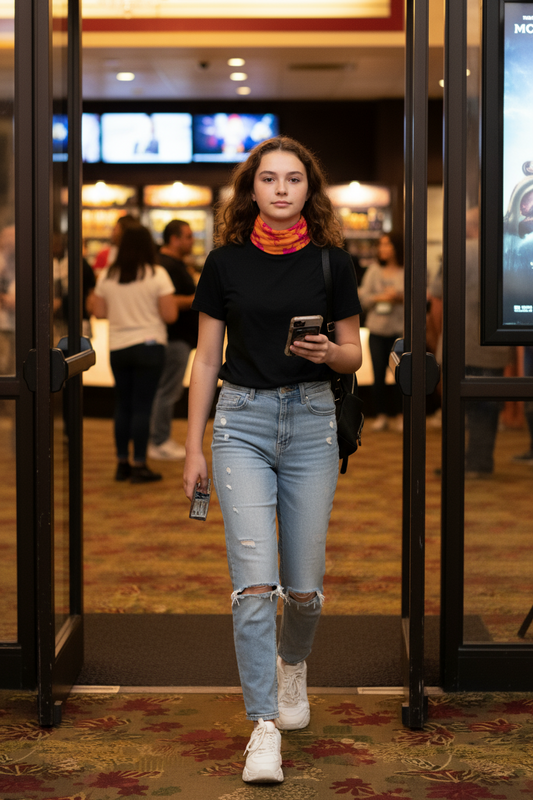 Pink and Orange Floral Tube Scarf worn as neck gaiter by woman walking indoors
