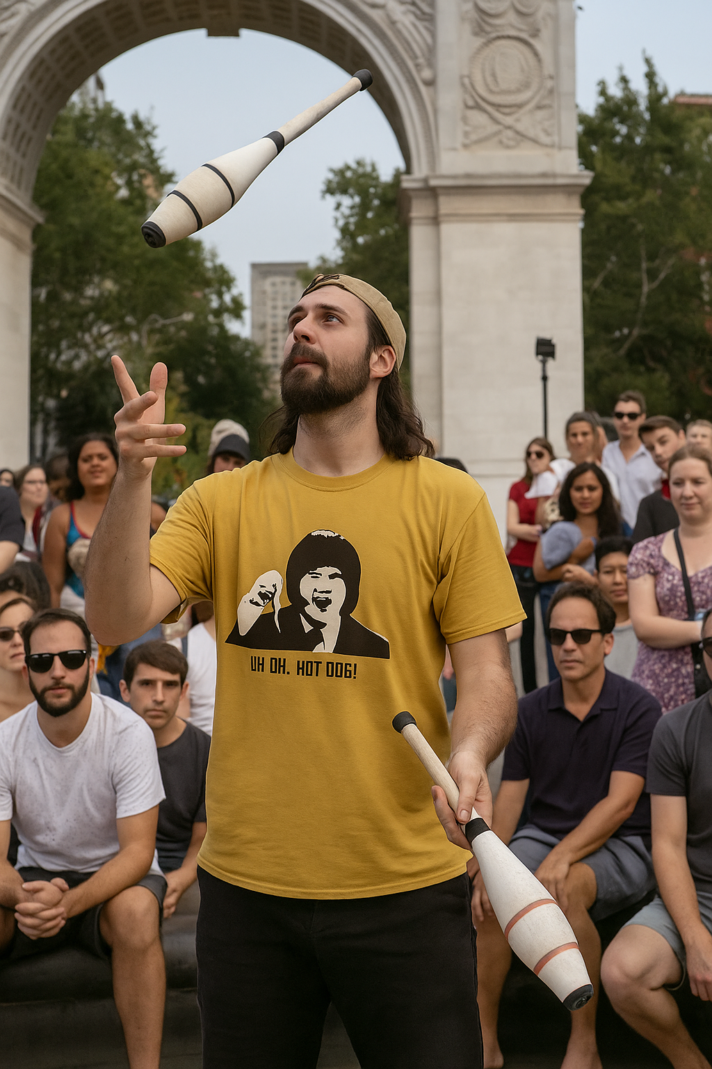 Man juggling clubs in a public square with a crowd and archway in the background
