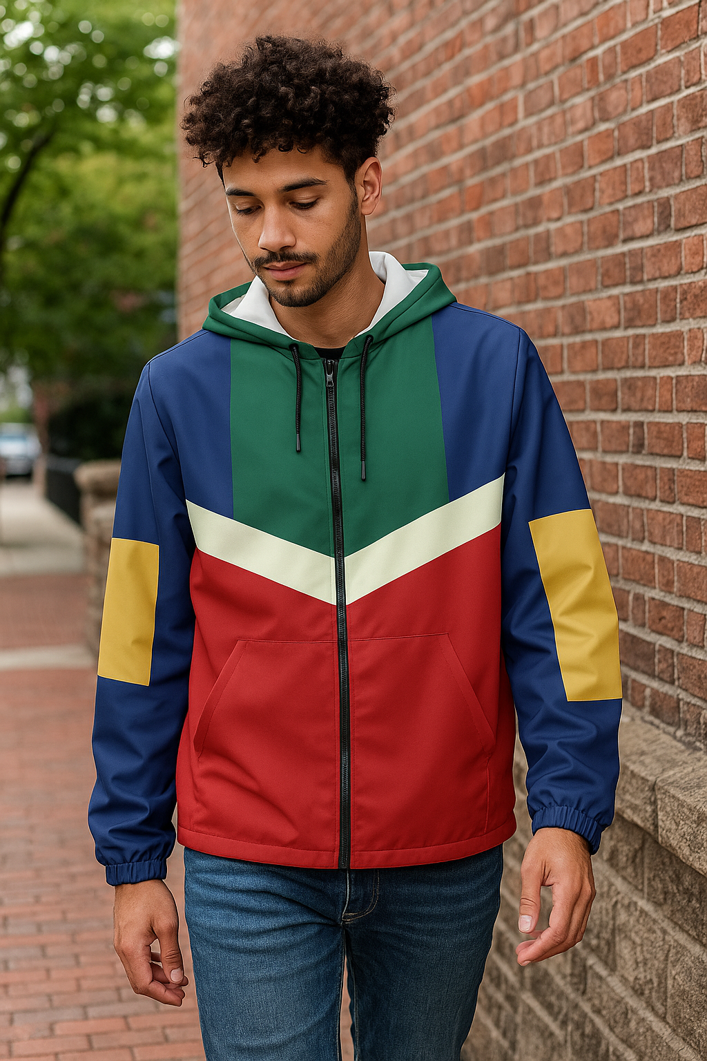 Person walking outdoors wearing the colorblock windbreaker with hands in pockets.