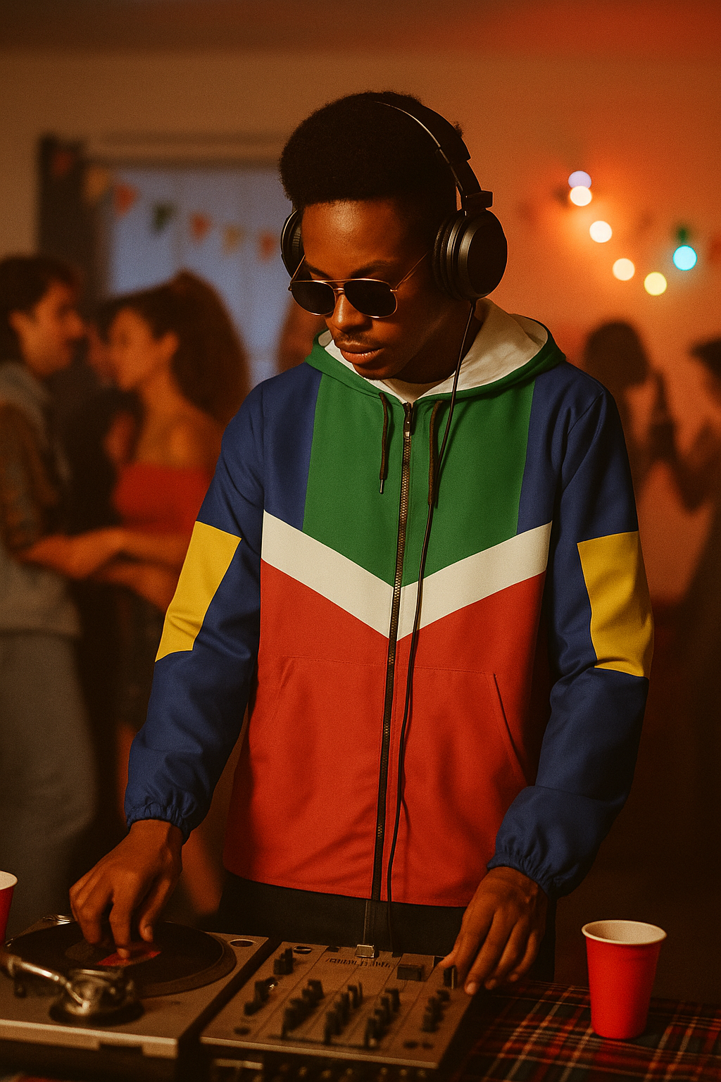 Person DJing at a party while wearing a colorblock windbreaker with green, blue, red, yellow, and white panels.