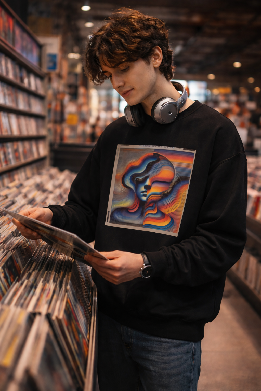 man wearing indie rock album cover black sweatshirt casual streetwear outfit