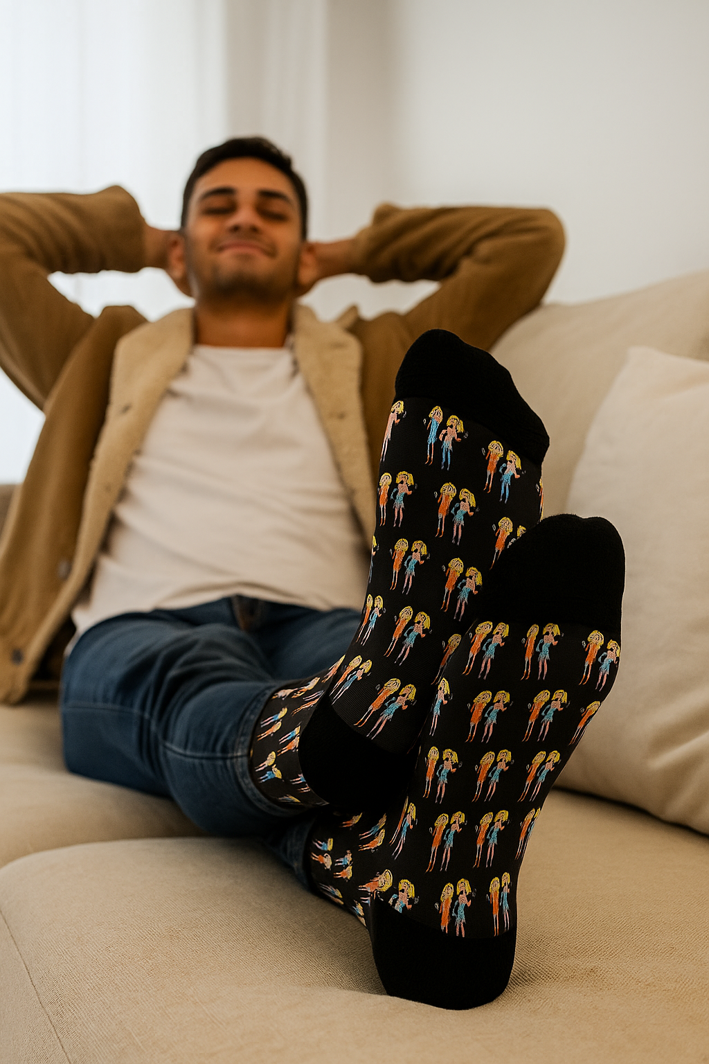 Man sitting on a couch wearing black socks with colorful patterns, smiling.