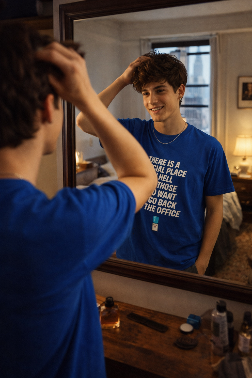 man wearing water cooler people white lettering t shirt mirror selfie casual outfit