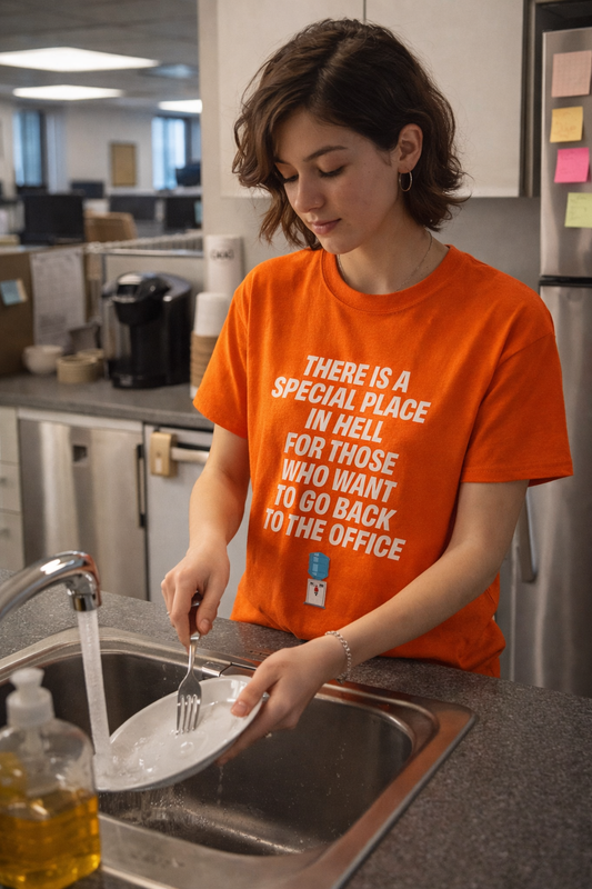 woman wearing water cooler people white lettering t shirt washing dishes office breakroom