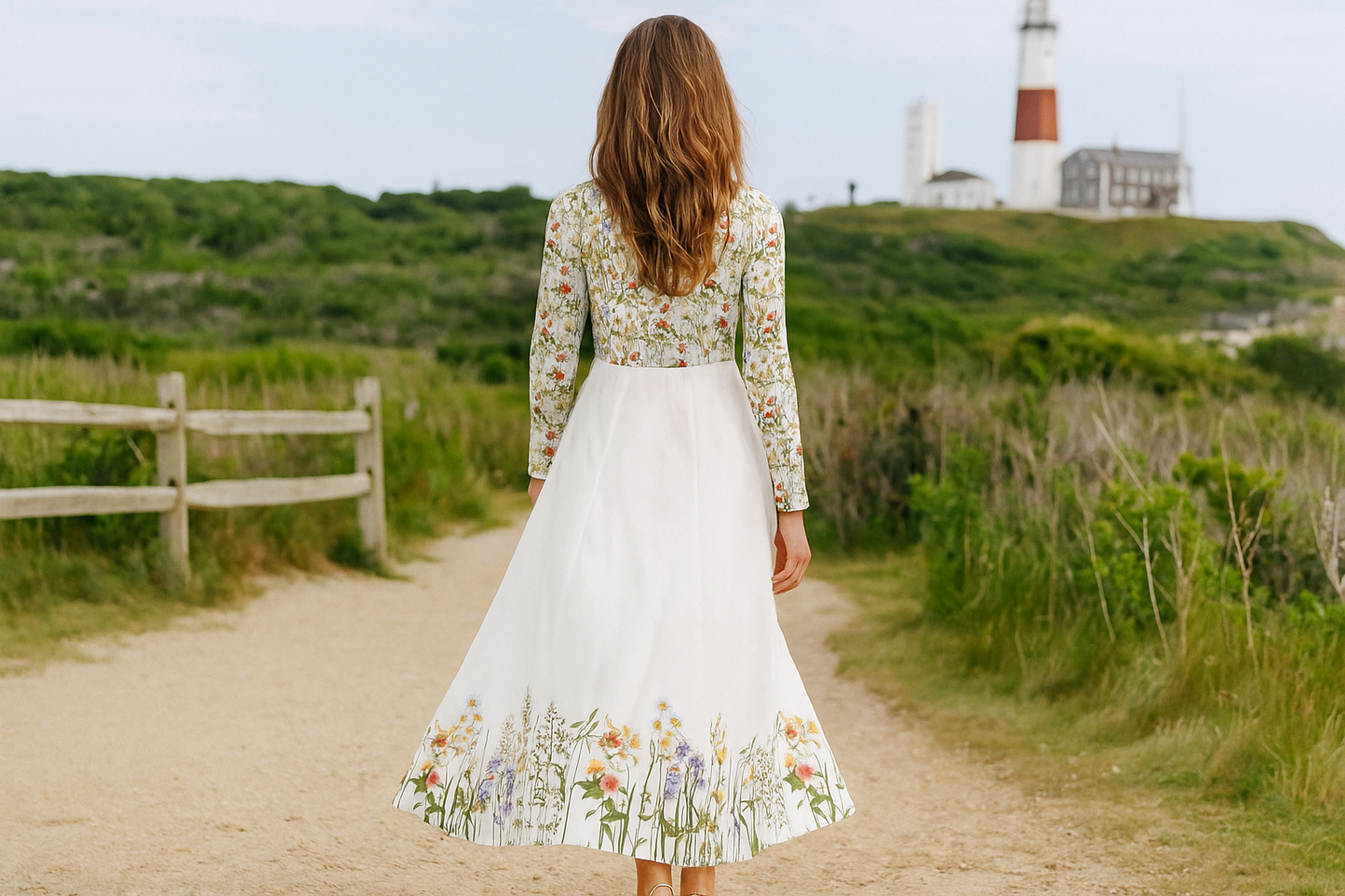 Woman in a floral dress walking towards a lighthouse on a grassy path.