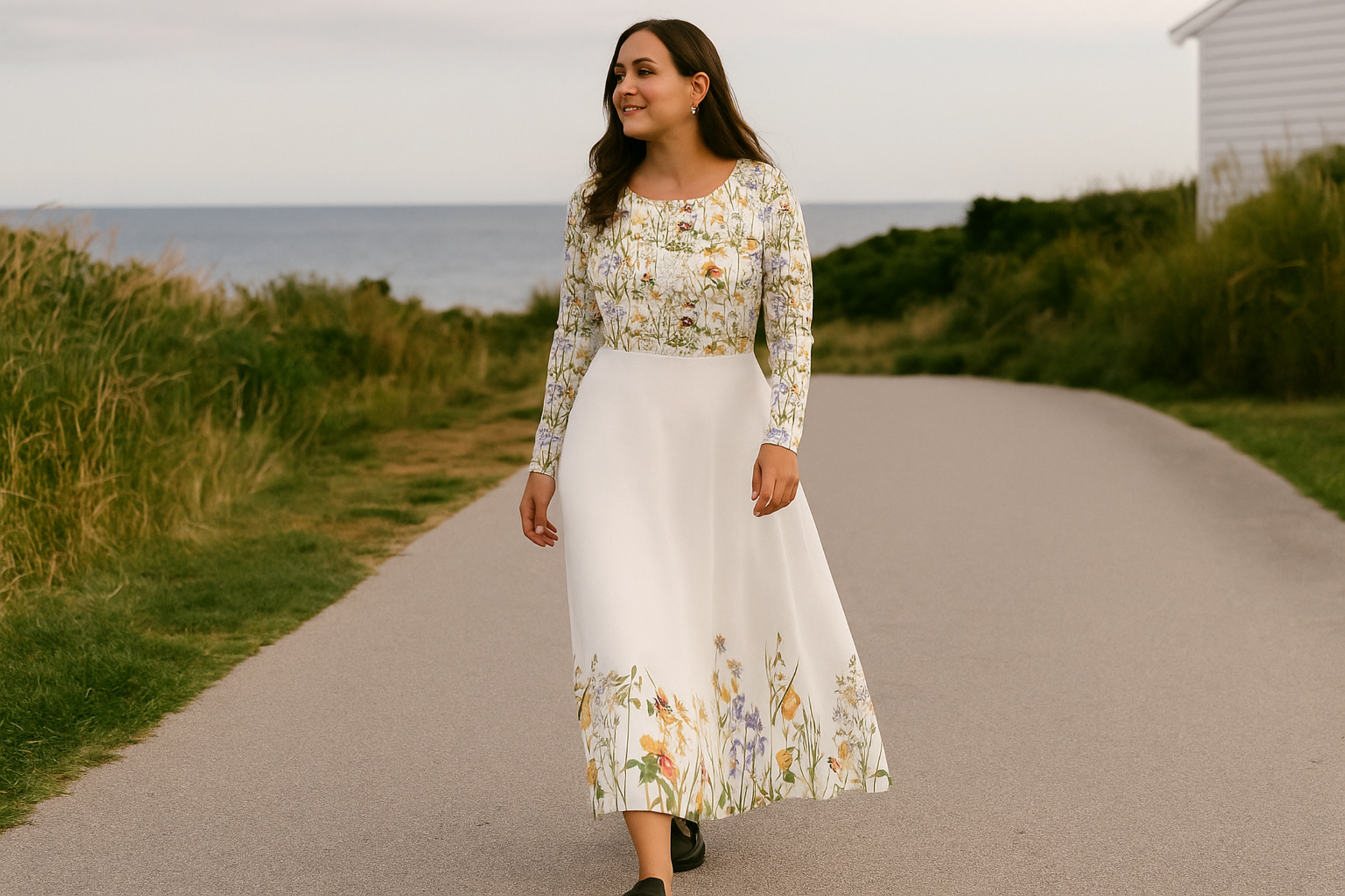 Woman in a floral dress walking on a path by the sea.
