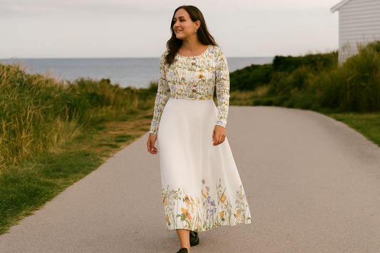 Woman in a floral dress walking on a path by the sea.