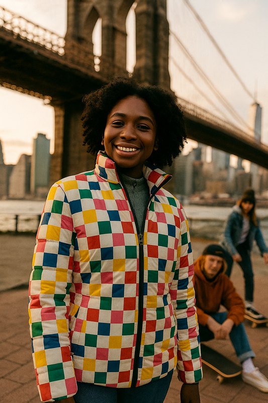Women’s Colored Chess Pattern Puffer Jacket model wearing geometric multicolor lightweight coat outdoors