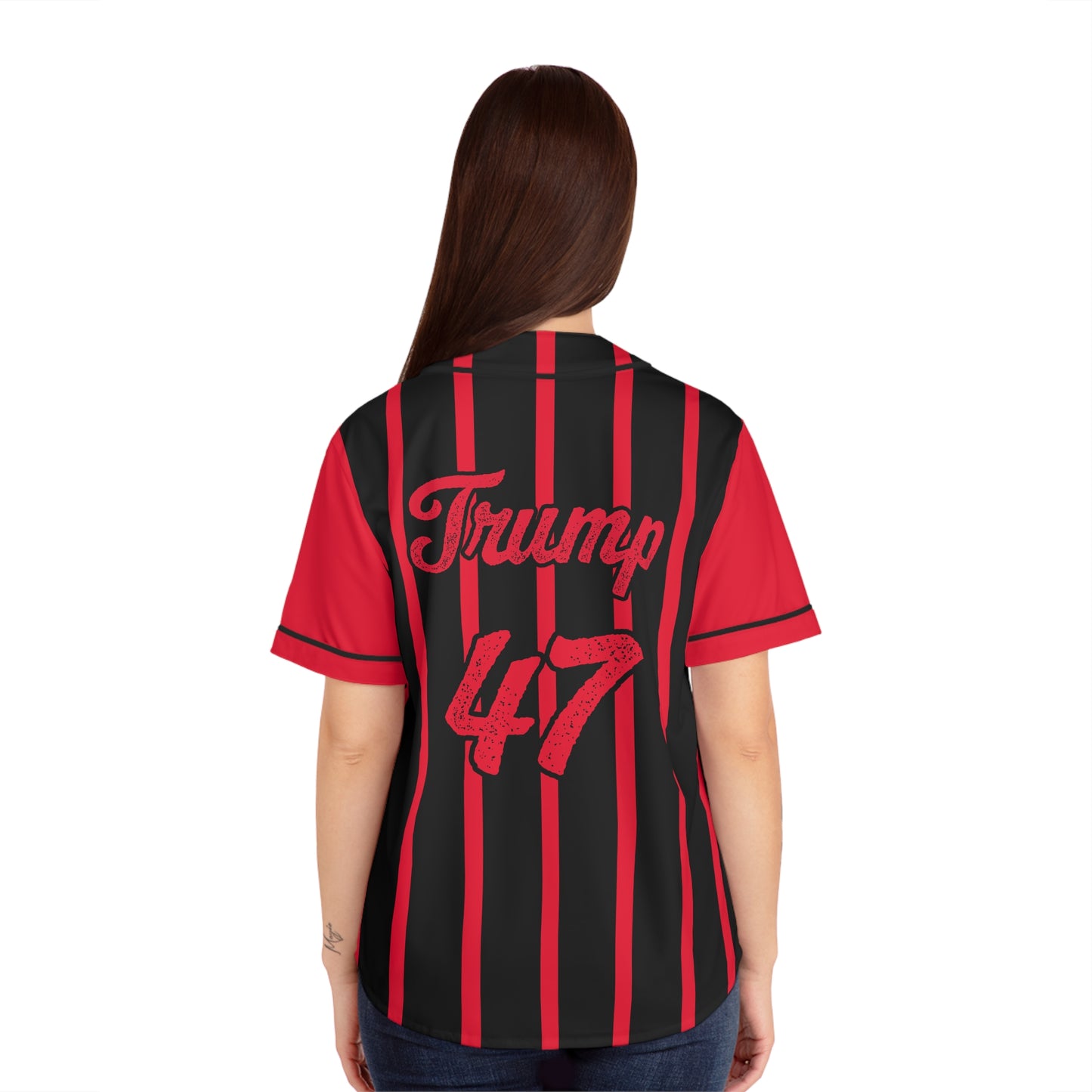model wearing trump 47 womens baseball jersey front view - fitted patriotic sports shirt