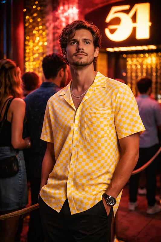 man wearing yellow checkerboard men’s shirt nightlife outfit