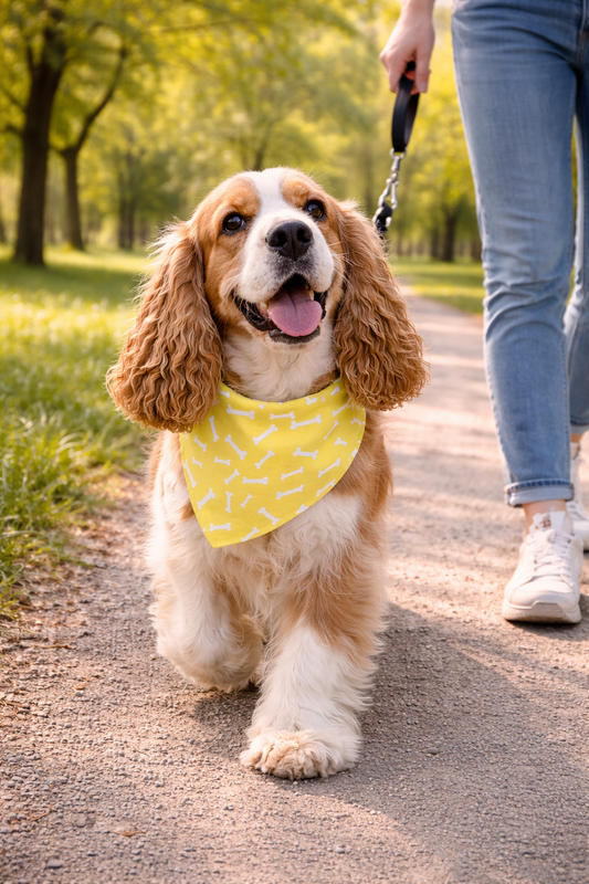 Dog wearing a yellow bandana walking on a path in a park