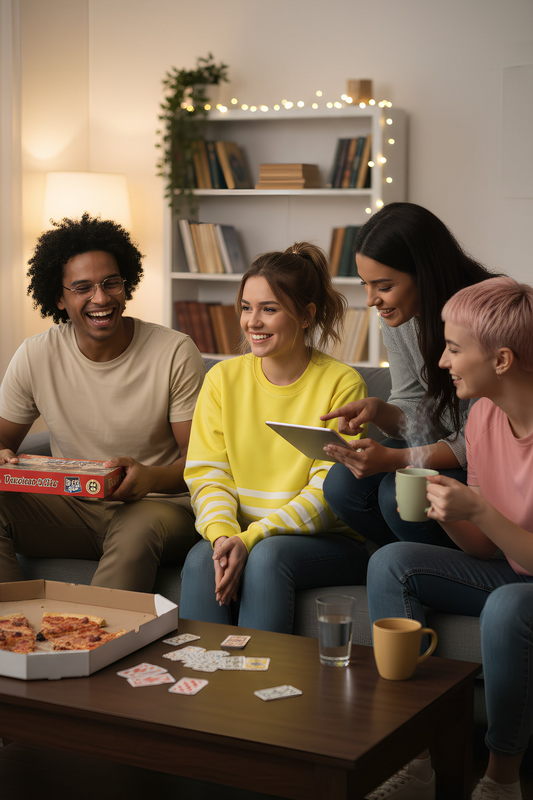 Yellow Striped Sweatshirt lifestyle friends wearing yellow striped crewneck indoors