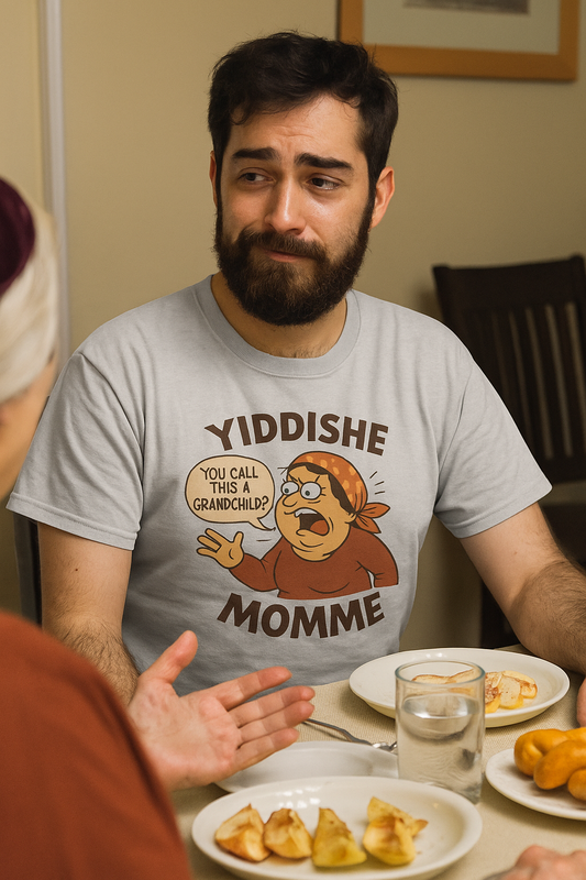 Man wearing a t-shirt with a cartoon character and text, sitting at a table with food.
