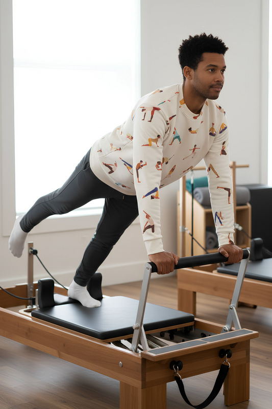 Man doing pilates on reformer wearing Yogini Sweatshirt white