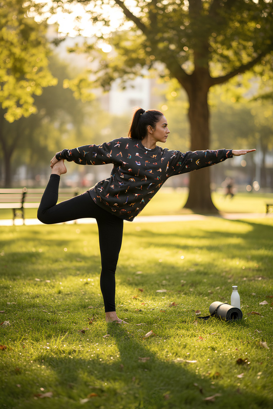 Woman doing yoga in park wearing Yogini Black Edition sweatshirt