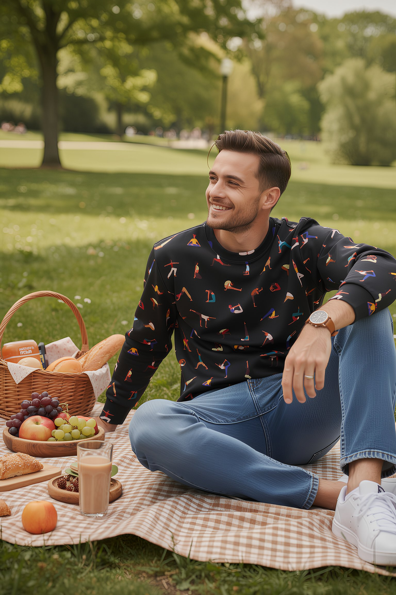 Man sitting on picnic blanket wearing Yogini Black Edition sweatshirt