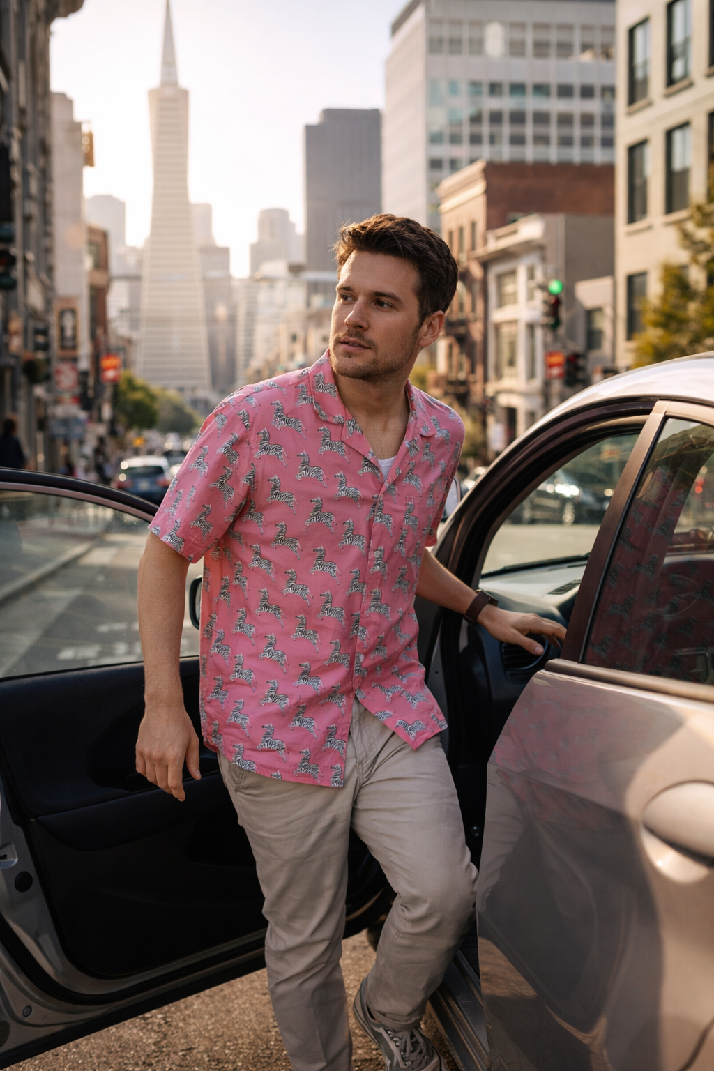 mens pink animal print shirt streetwear outfit city