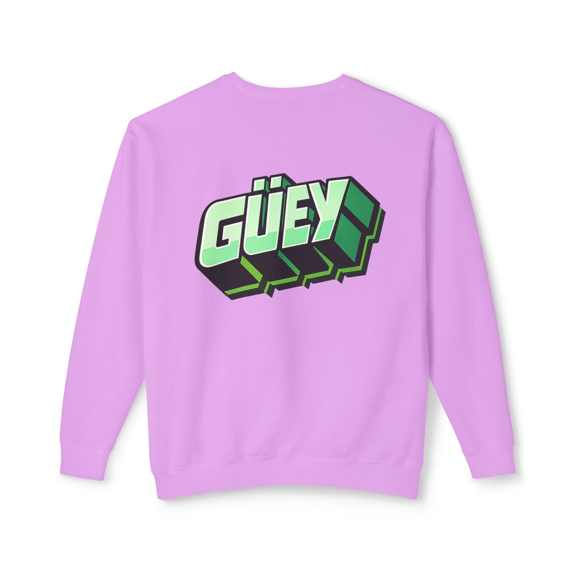 Purple Güey Mexican slang graphic sweatshirt with oversized green back print