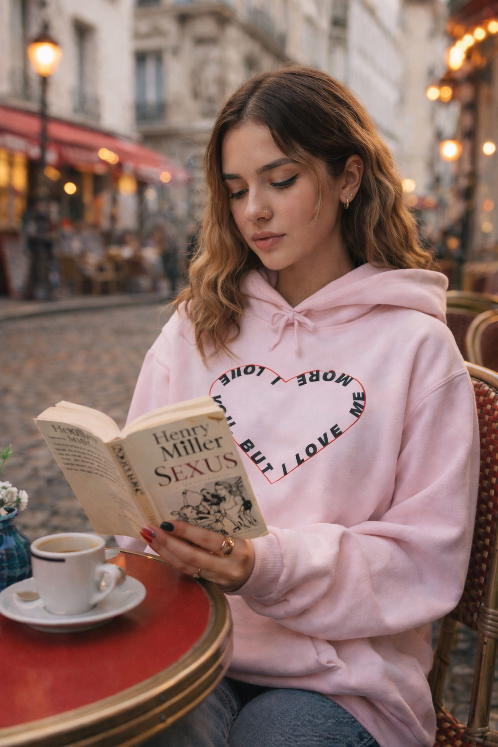 Model wearing Baby Pink hoodie reading at café – “I Love You But I Love Me More” heart print
