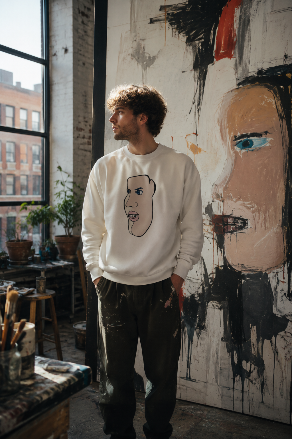 Young artist wearing abstract face graphic sweatshirt inside a cinematic New York loft art studio.