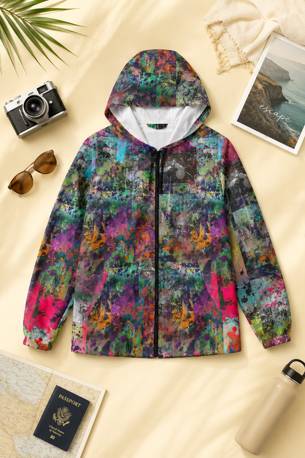 Color Splash abstract print windbreaker jacket flat lay with travel accessories on a light yellow background.