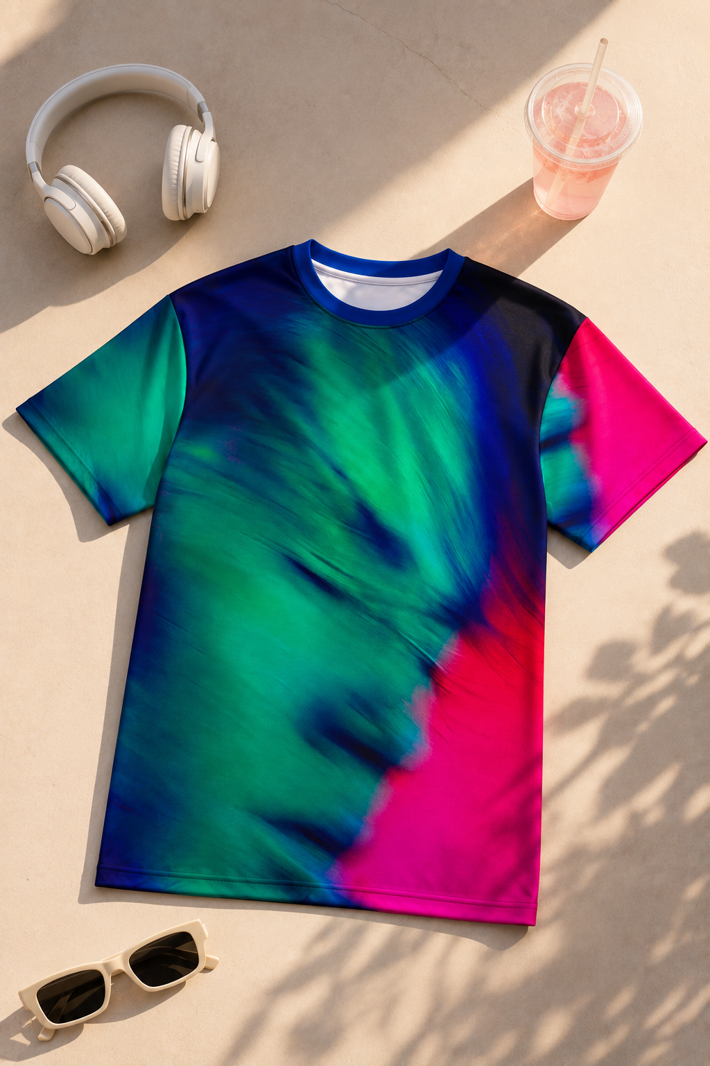 Editorial flat-lay photography of the Acid Dream Unisex T-Shirt styled with Gen Z accessories on a bright modern background.