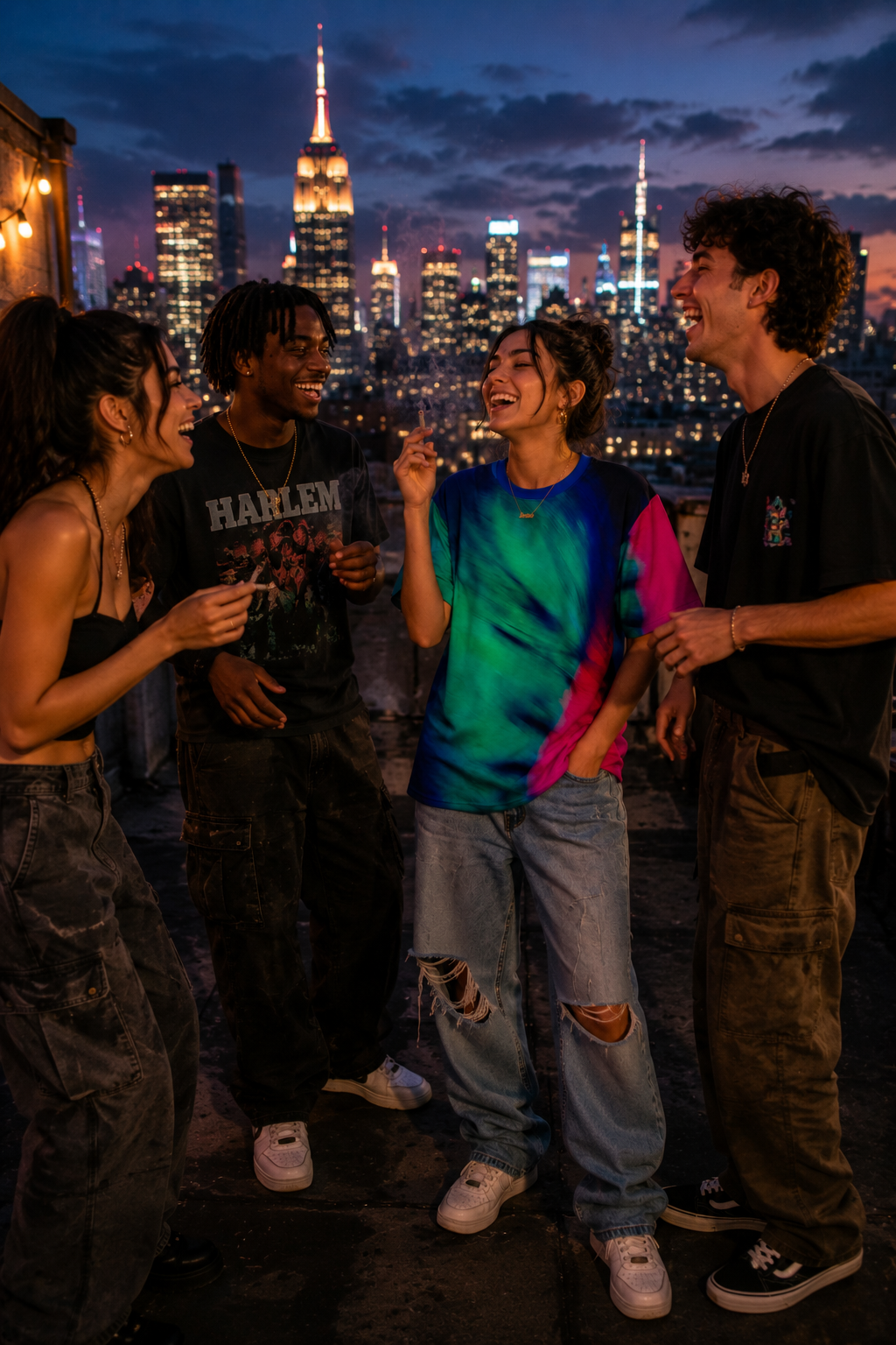 Group of Gen Z friends laughing on a New York City rooftop at dusk while the central figure wears the Acid Dream Unisex T-Shirt against the illuminated skyline.