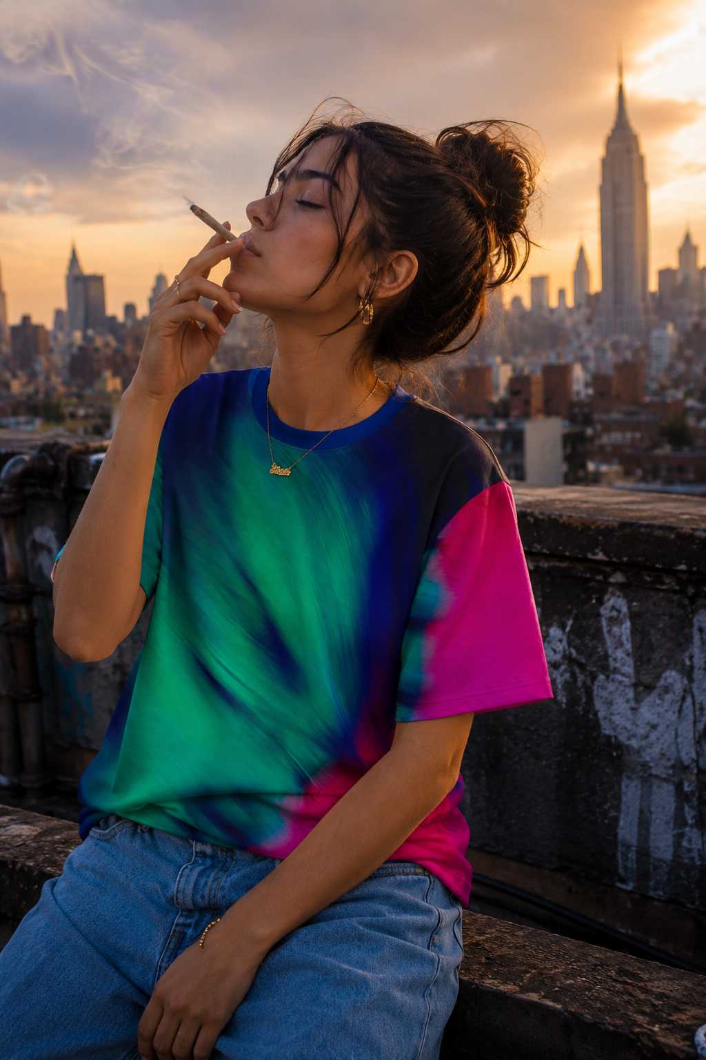 Young woman wearing the Acid Dream Unisex T-Shirt on a New York City rooftop at sunset with the skyline glowing in the background.