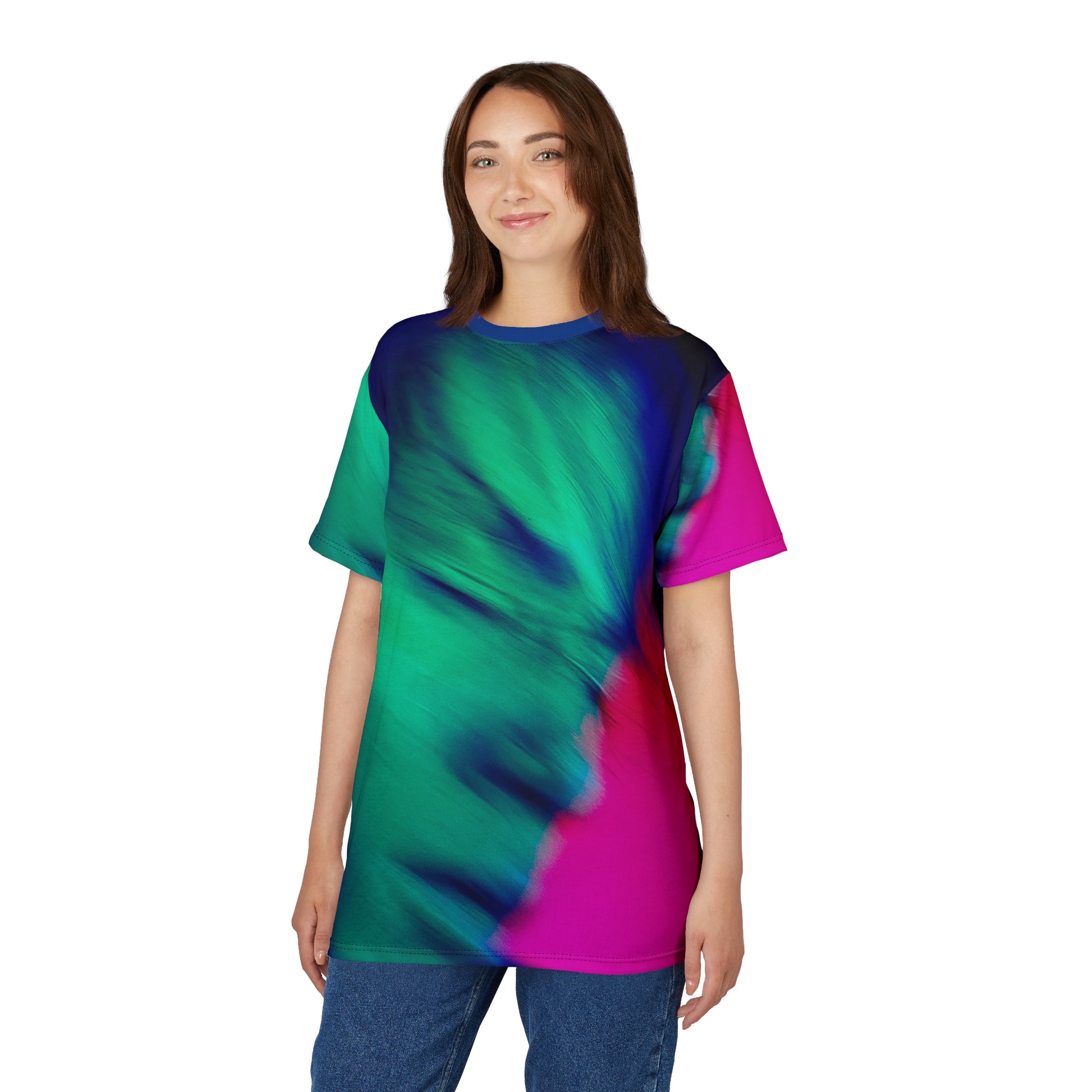 Female model wearing the Acid Dream Unisex T-Shirt featuring a bold neon abstract graphic and relaxed unisex fit.