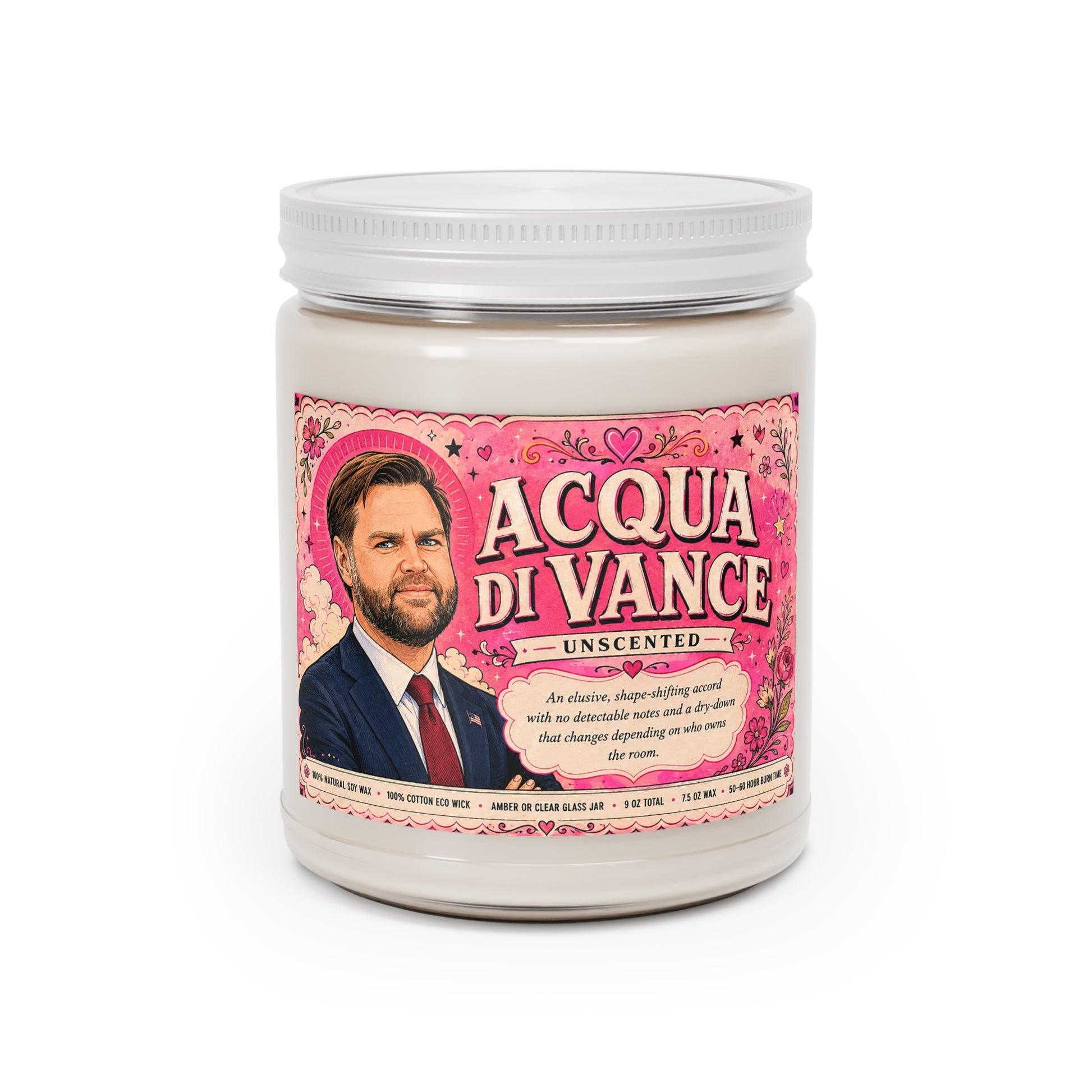 Acqua di Vance 9 oz unscented political satire soy candle with JD Vance cartoon label