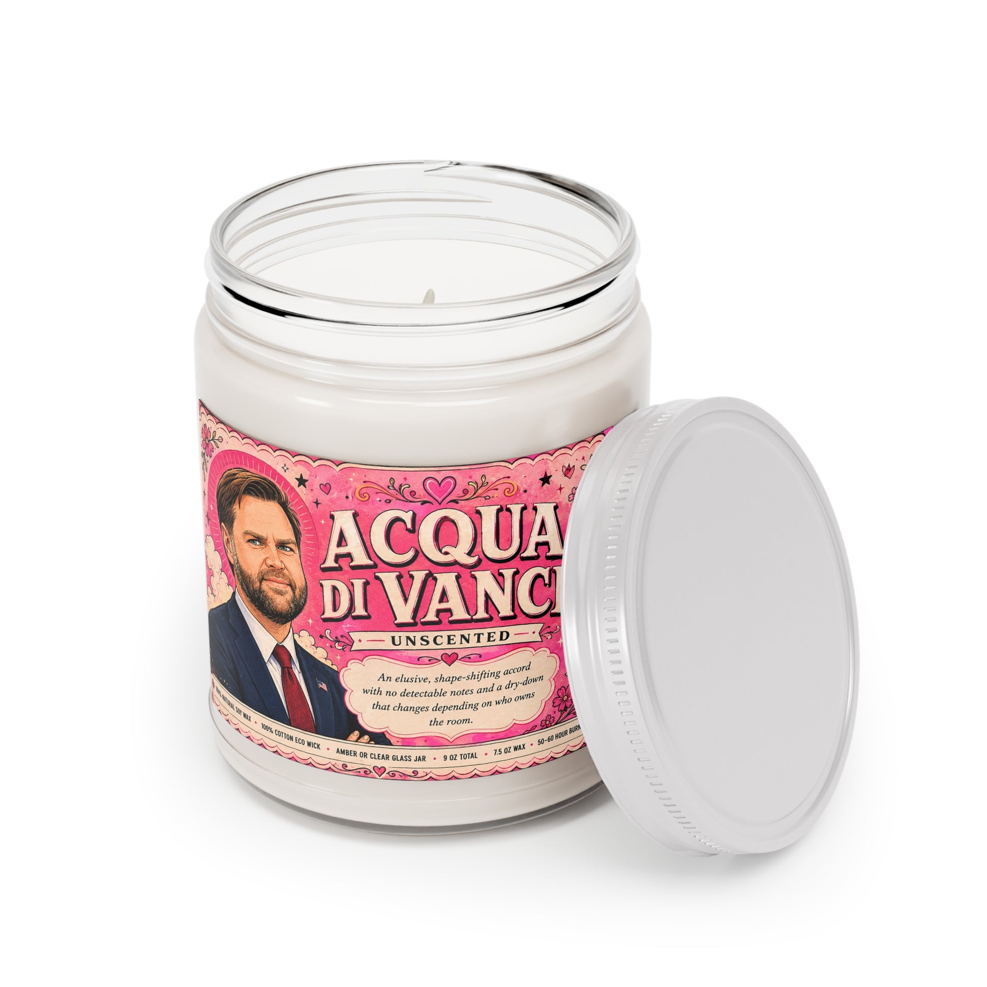 Open Acqua di Vance unscented soy candle with removable lid and pink satire label