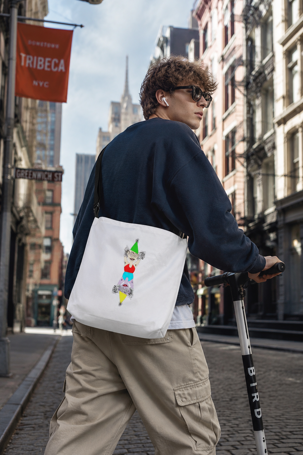 Man carrying the Party Favor adjustable graphic tote bag in an urban street setting