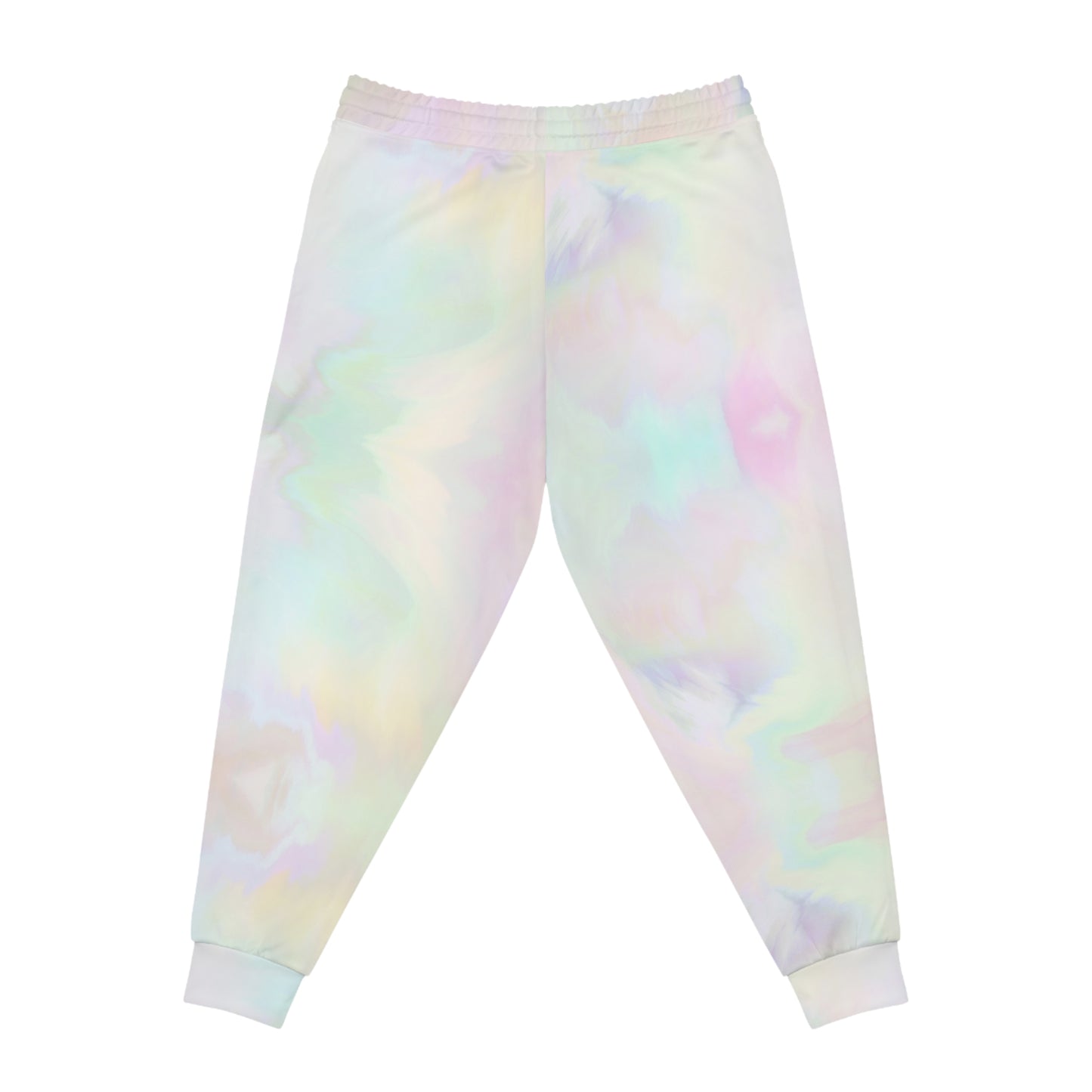 Front product mockup of pastel cloud dye gamer joggers with ribbed ankle cuffs and relaxed fit.