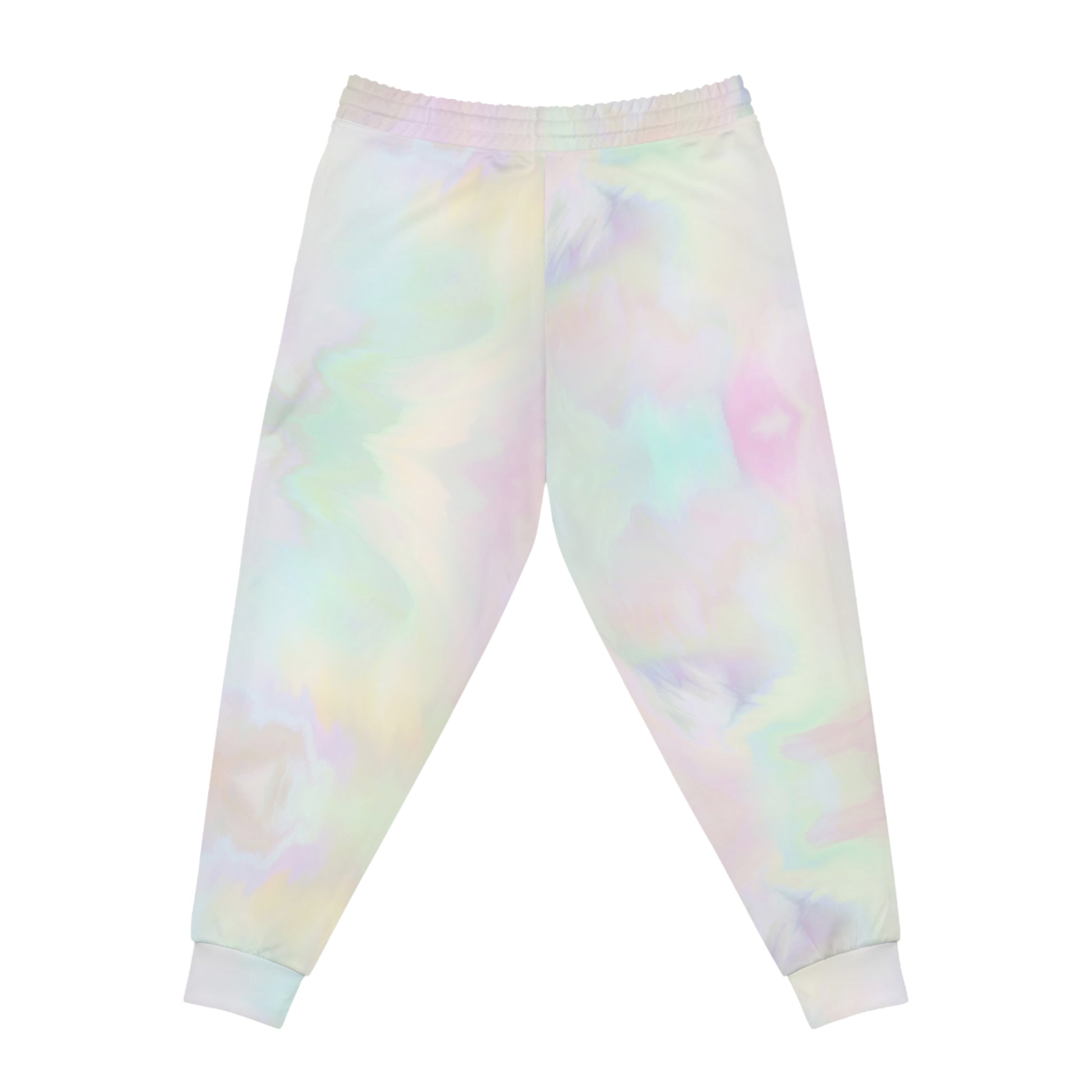 Front product mockup of pastel cloud dye gamer joggers with ribbed ankle cuffs and relaxed fit.