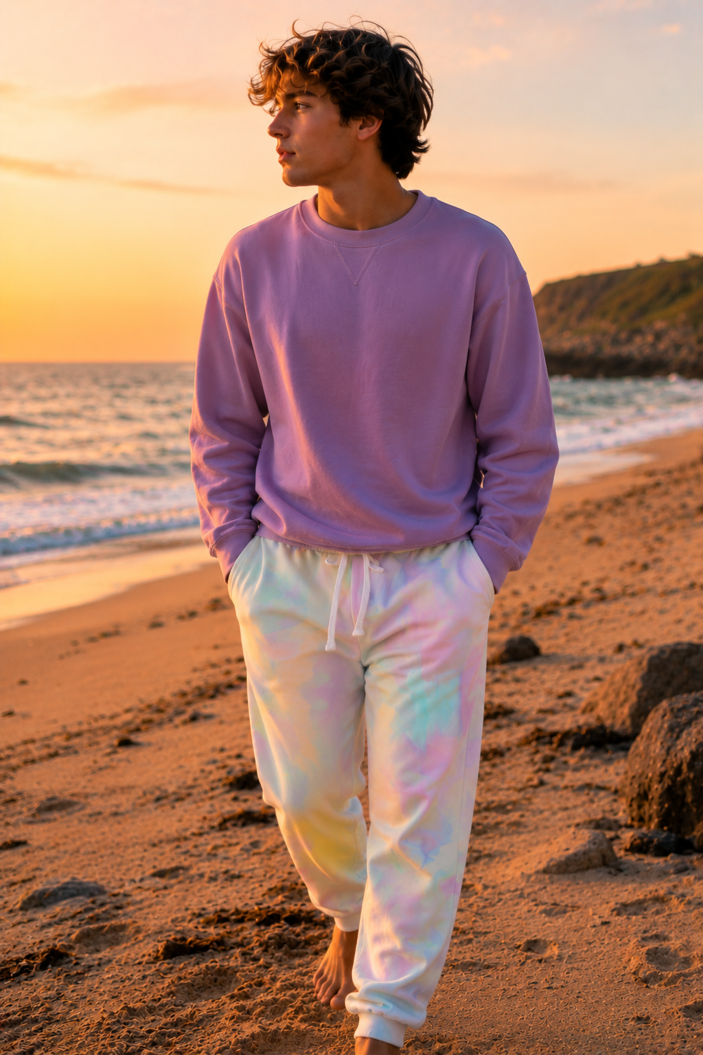Gen Z male walking along the beach in AFK Mode pastel tie-dye gamer joggers during golden hour.