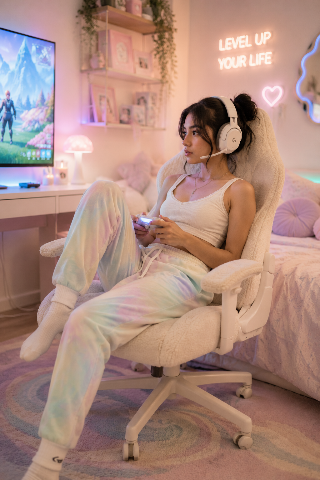 Female gamer wearing AFK Mode pastel tie-dye joggers while gaming in a cozy pastel bedroom setup.