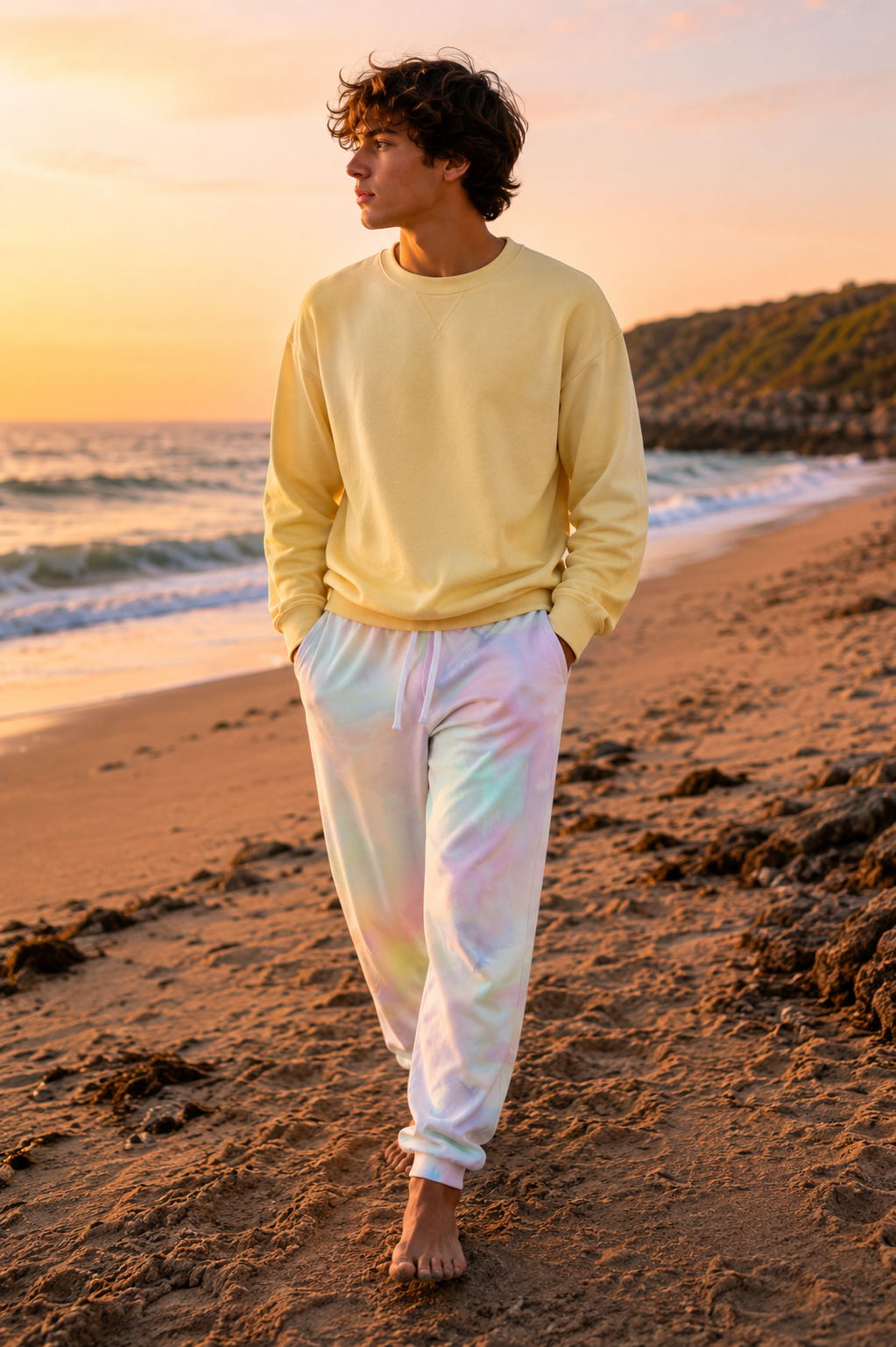 Gen Z male model wearing AFK Mode pastel tie-dye gamer joggers walking on Montauk beach during golden hour.