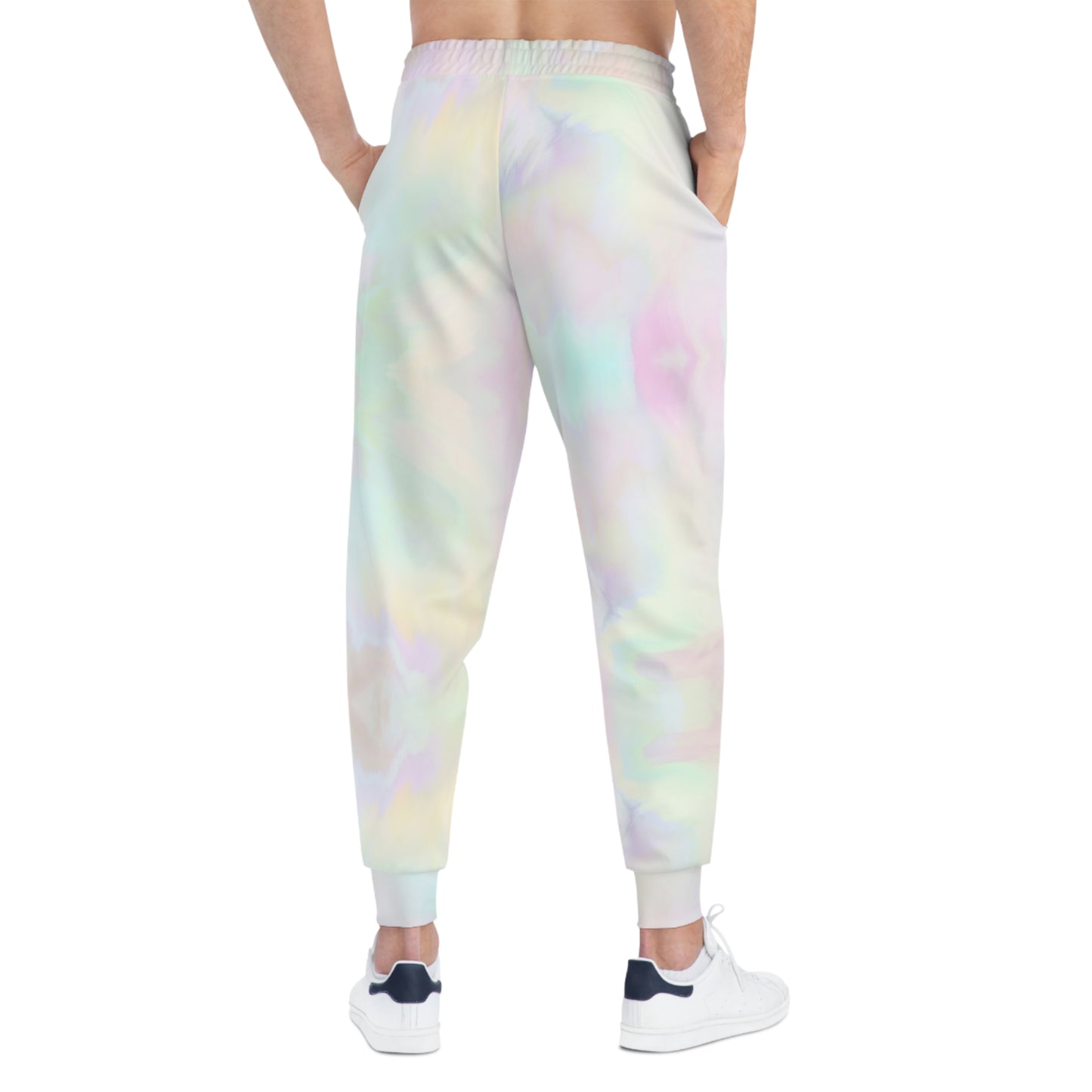 Back view of AFK Mode pastel tie-dye gamer joggers showing relaxed unisex fit.