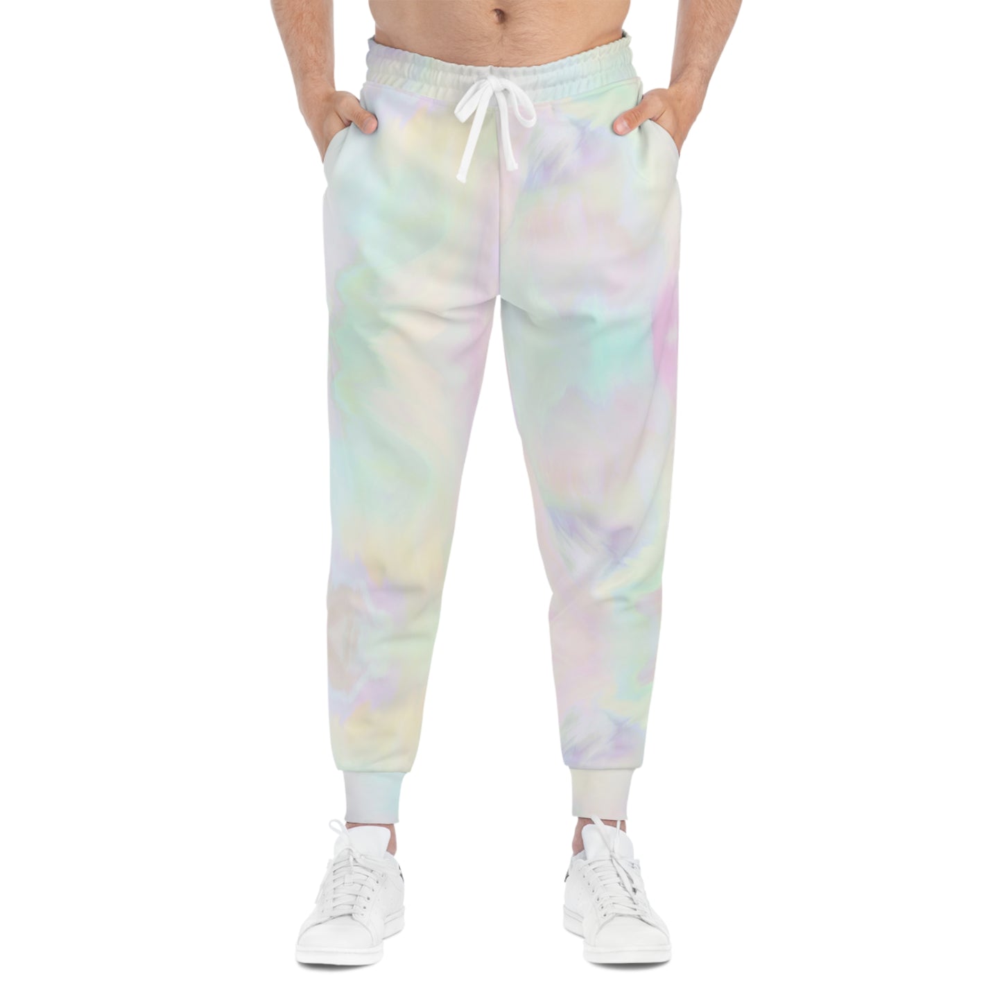 Front worn view of pastel tie-dye gamer joggers styled with casual streetwear.