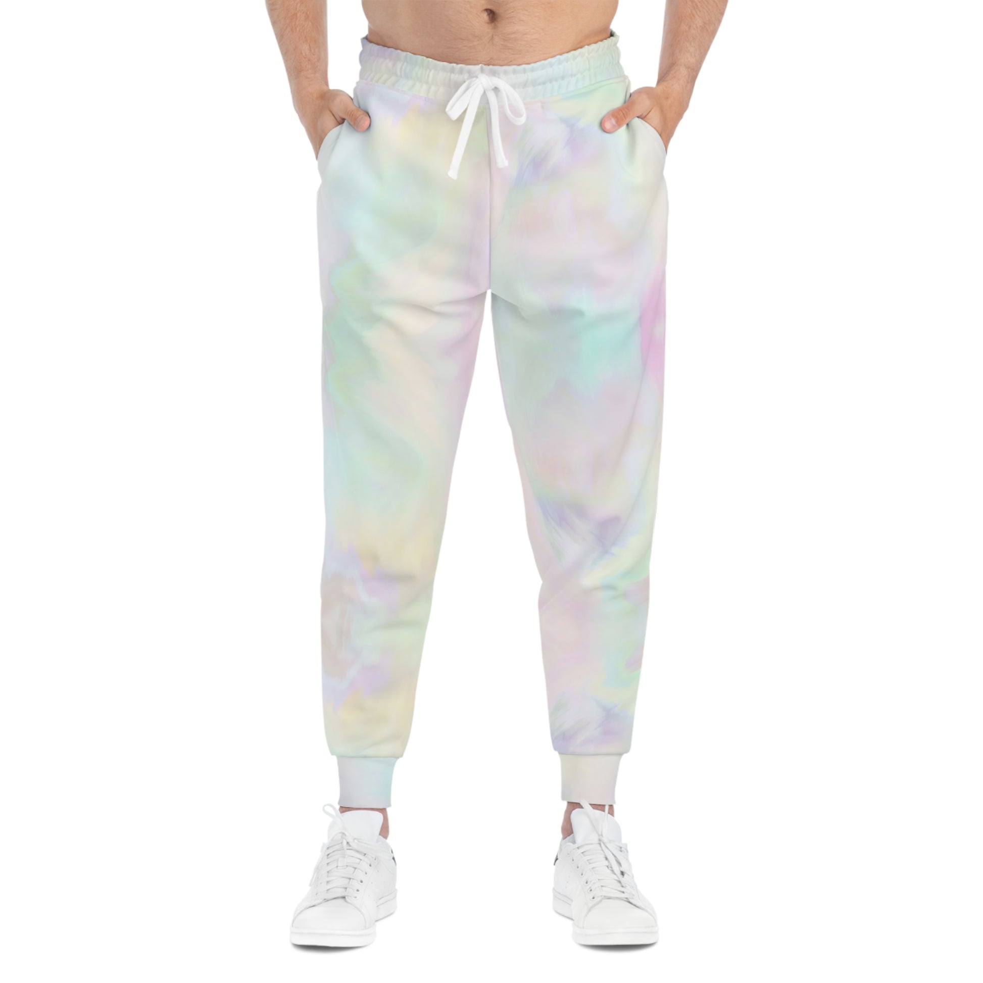 Front worn view of pastel tie-dye gamer joggers styled with casual streetwear.