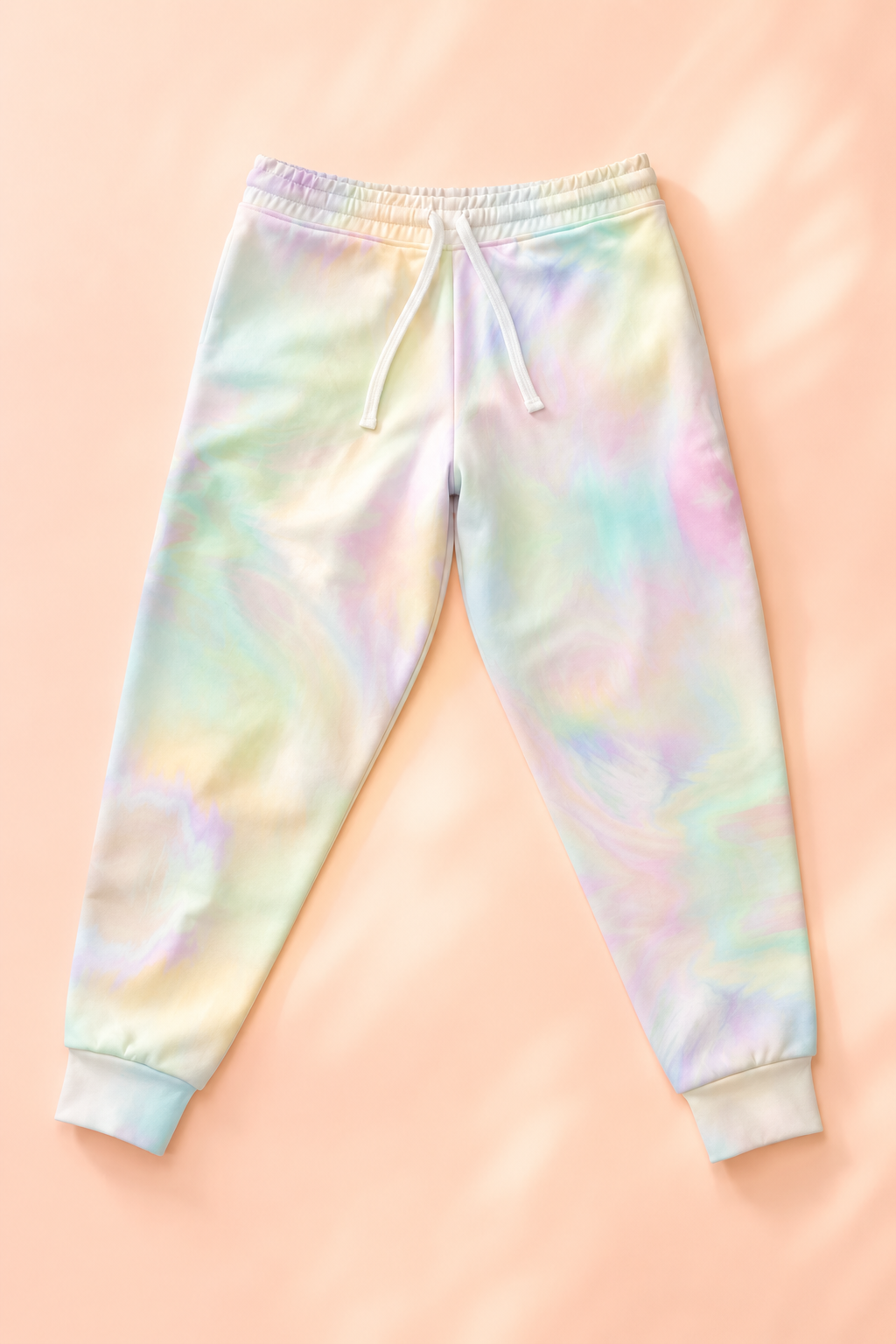 Flat lay of AFK Mode pastel tie-dye gamer joggers on a soft pastel peach background.