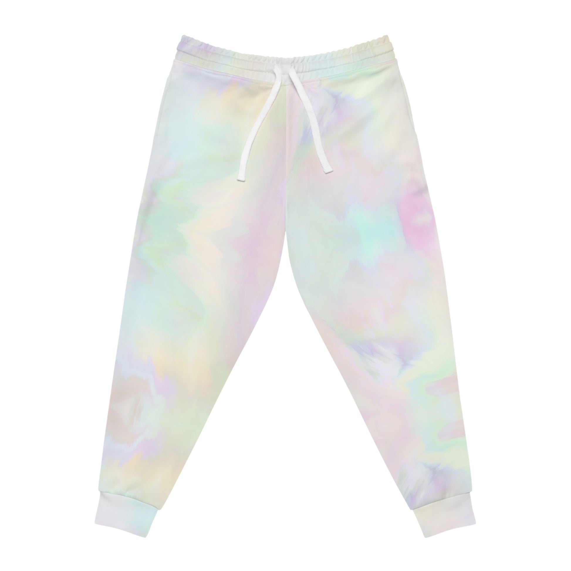 Front view of AFK Mode pastel tie-dye gamer joggers featuring cloud-inspired pastel colors and drawstring waist.