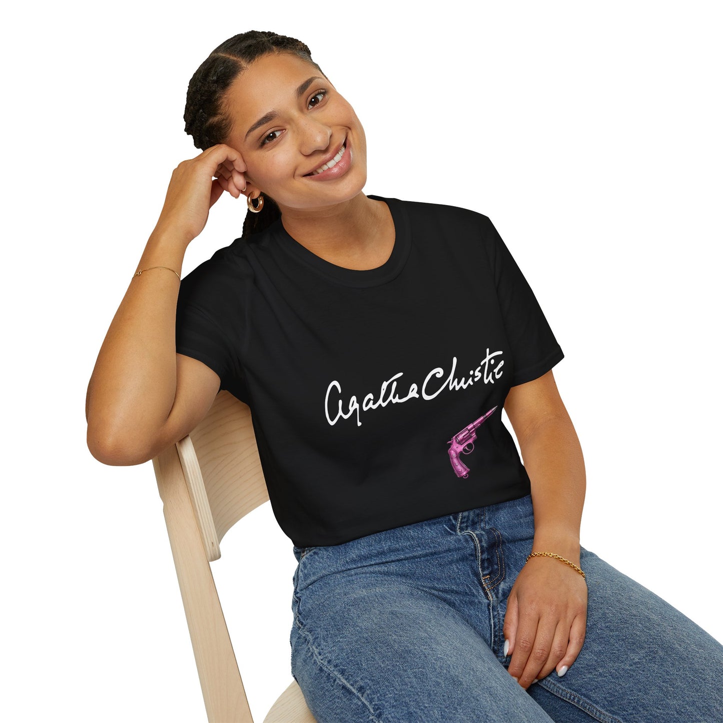woman wearing agatha christie inspired t shirt casual outfit seated