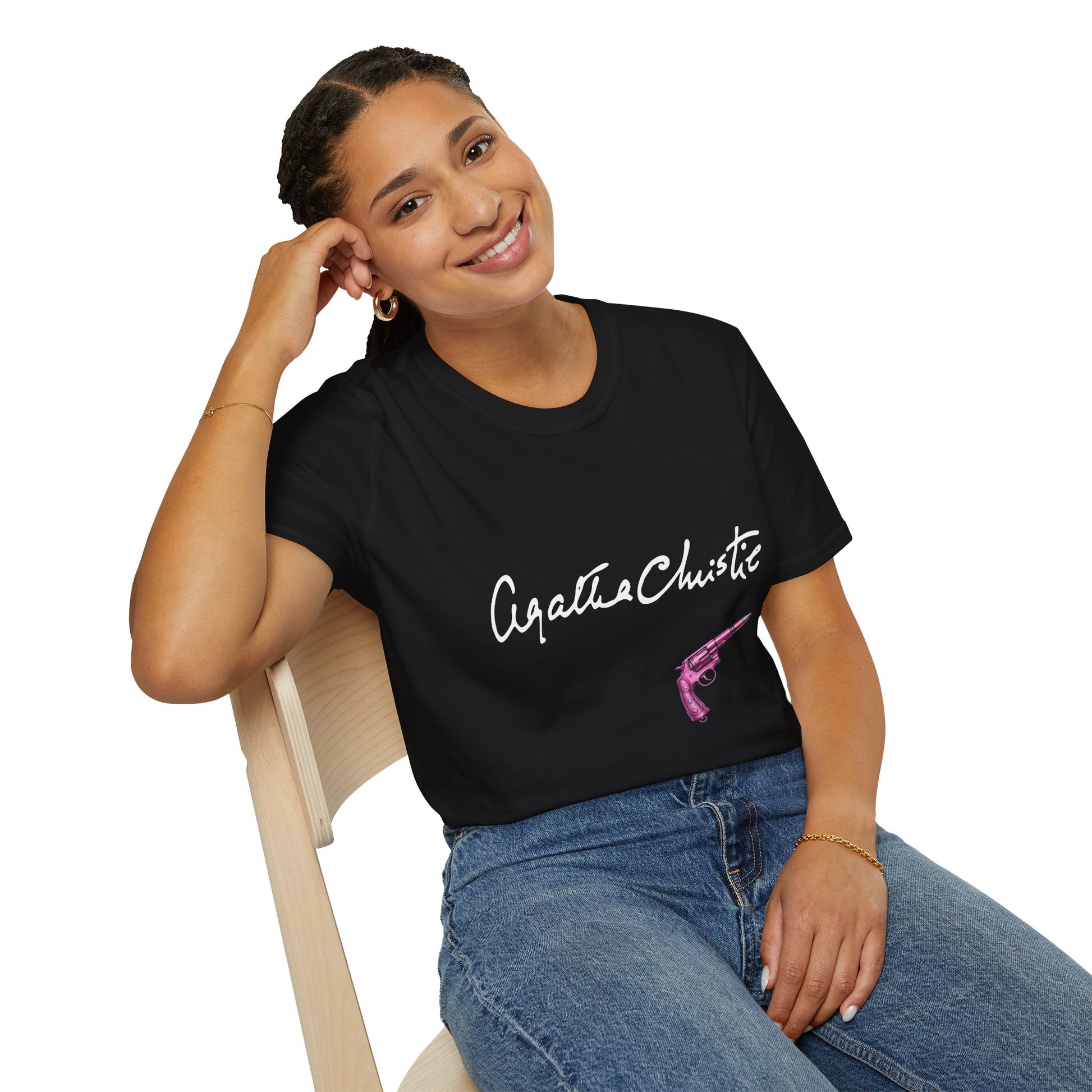 woman wearing agatha christie inspired t shirt casual outfit seated